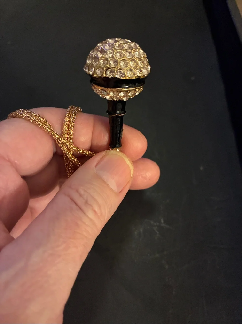 Microphone Crystal Pave Pendant Necklace in Gold and Black